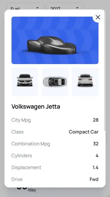 Mobile screenshot of car details view within Car Query application