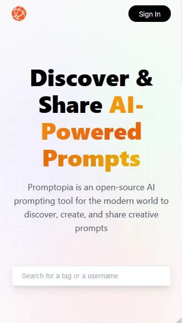 Screenshot of homepage of Promptopia web application in mobile view