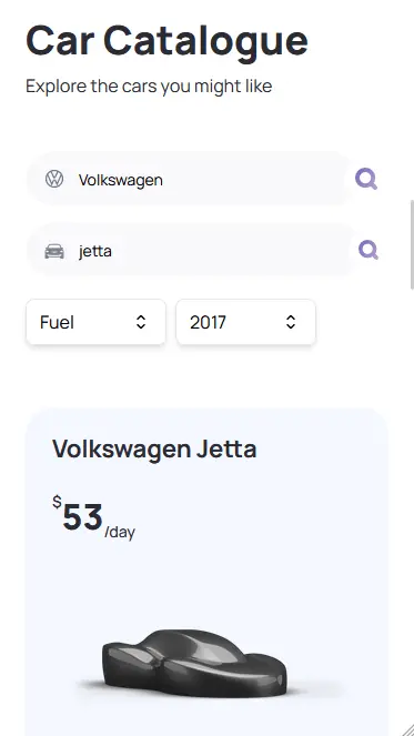 Mobile screenshot of car catalogue within Car Query application